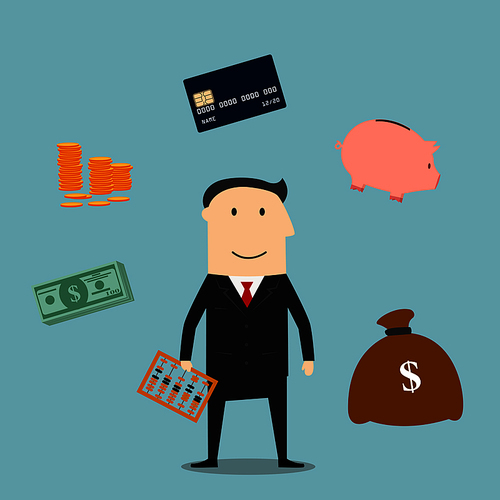 Banker profession flat concept design with businessman in glasses and financial icons such as money bags, credit card, handshake, piggy bank, dollar coins and bills, ATM with hand