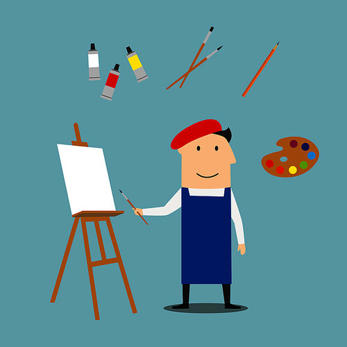 Artist profession concept with craftsman in french red beret and neckerchief, paint tubes and paint brushes, pencils, sketchbook and palette, easel and sculpture icons