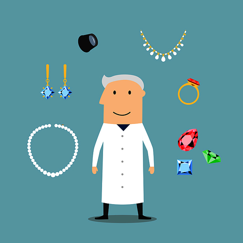 Jeweler or goldsmith profession design with man with professional magnifier, luxury jewelries such as fancy earrings, ring and pendant with red gems, chain and bracelets, shining jewels