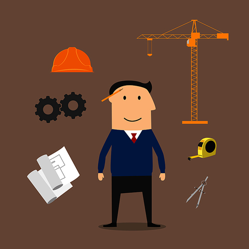 Engineer profession and construction industry icons with engineer man surrounded by yellow helmet and blueprint, tower crane and caliper, ruler, gears and roulette icons. Flat style