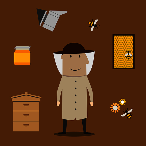 Beekeeper profession and beekeeping icons with man in hat encircled by honey drops and wooden beehives, frame with honeycomb, honey jar with dipper, smoker and bees with flowers