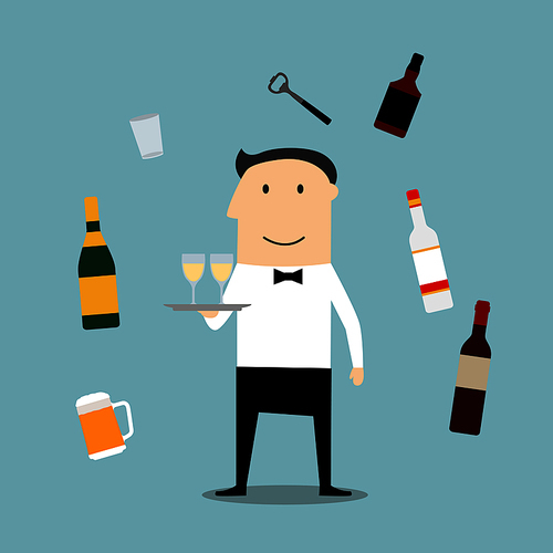 Restaurant waiter profession and drinks icons with man, beer and wine, vodka and whiskey, champagne bottle, glass and opener
