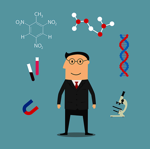 Scientist profession design with man in glasses among laboratory flasks and tubes, microscope and DNA model, magnet and chemical formula