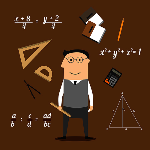 Mathematician profession concept design with teacher in glasses encircled by formulas and calculator, rulers and compasses, pencil and textbooks, drawing and geometric figures