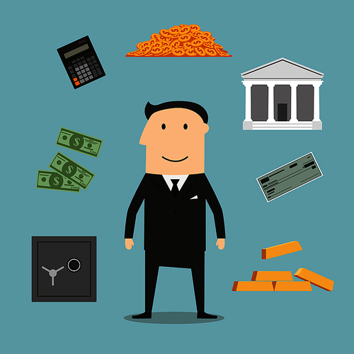 Banker profession and financial icons with businessman and gold, safe and check,  dollar coins and bills, calculator and bank building
