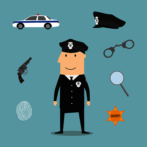 Police profession icons and symbols with officer in black uniform and peaked hat with handcuffs and gun, police car and sheriff star badge, fingerprint and magnifying glass