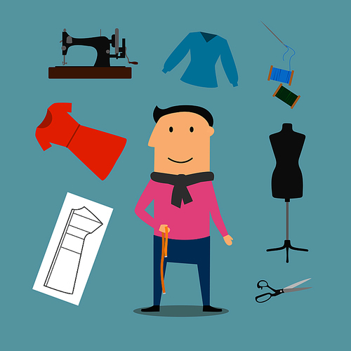 Tailor profession concept design with elegant man surrounded by sewing machine and mannequin, scissors and needle, threads and buttons, thimble and pins, measuring tape and orange dress
