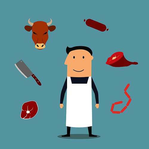 Butcher man in white apron with beef steaks and pork leg, cleaver and salami, smoked sausages, sliced bacon and cow head. Butcher profession theme