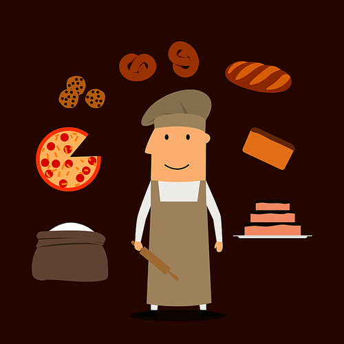 Baker profession concept with man in chef hat and tunic with flour and rolling pin, , bread and pie, pizza and cookies, bread and loaf