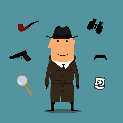 Detective profession icons with man in black hat and sunglasses, encircled by binoculars and pipe, magnifier and gun, sheriff star badge and fake moustache