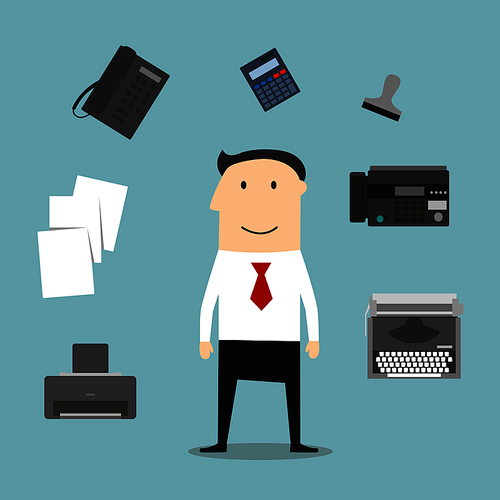 Secretary or manager profession icons with telephone, fax, stack of folders with documents, pen, printer, mail symbol, typewriter and elegant young woman