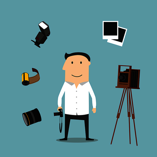 Photographer profession icons with man surrounded by digital camera and lens, tripod and camera film, instant films, flash and retro camera