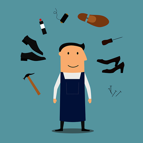 Shoemaker profession icons with man in apron, surrounded by awl and heels, hammer tool and glue, nails and shoes