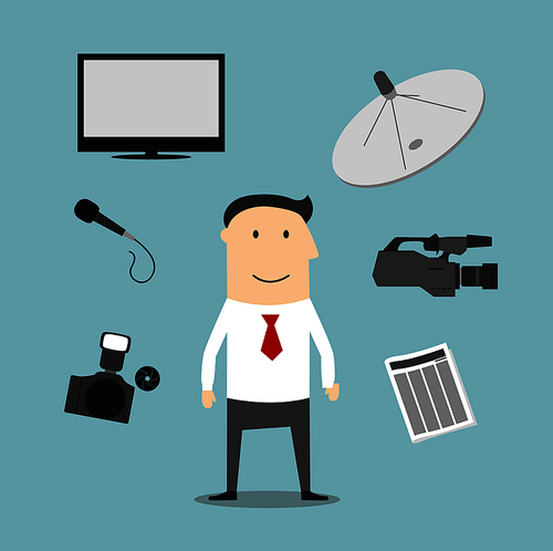 Reporter profession icons and symbols with man surrounded by newspaper and microphone, photo and video cameras, satellite dish antenna and TV