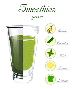 Vector illustration of a glass cup with mint smoothies, salad, lemon, cucumber, avocado. Healthy nutrition. Vegan drink. Healthy breakfast