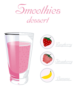 Vector illustration of a glass cup smoothie with raspberry, strawberry, banana. Healthy nutrition. Vegan drink. Healthy breakfast