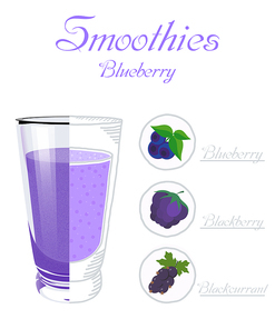 Vector illustration of a glass cup smoothie with blueberries, blackberries, blackcurrants. Healthy nutrition. Vegan drink. A healthy breakfast
