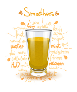 Vector illustration high glass cup with a yellow smoothies. Healthy nutrition - a smoothies. Color image of yellow smoothies on a white background with the text and the shadow.