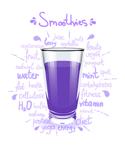 Vector illustration high glass cup with a purple smoothies. Healthy nutrition - a smoothies. Color image of purple smoothies on a white background with the text and the shadow.