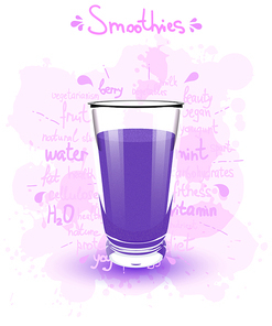 Vector illustration high glass cup with a purple smoothies. Healthy nutrition - smoothies. Color image of purple smoothies on a white background with the text, shadow and color blots