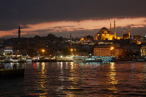Istanbul at night, beautiful view of the sea, sky and city lights