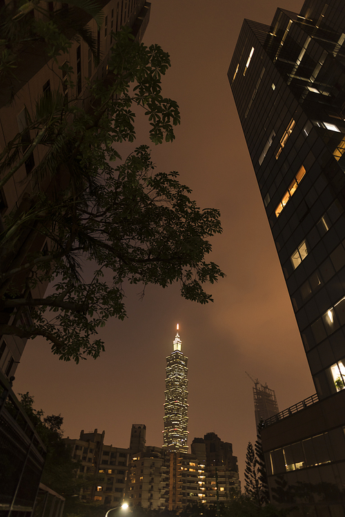 TAIPEI, TAIWAN - NOVEMBER 21, 2016: Taipei 101 building is a famous landmark was taken at sunset from elephant mountain