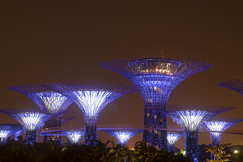 SINGAPORE, July 12, 2018: Show of Super Trees Grove at Gardens by the Bay during the night, in Singapore, on July 12, 2018
