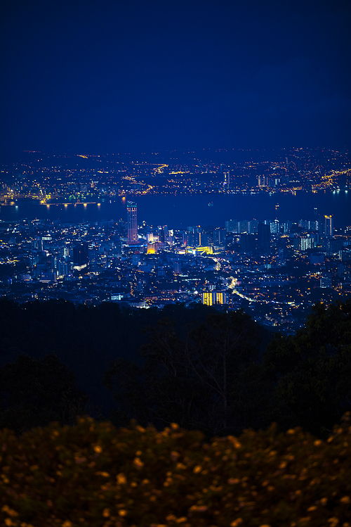 Penang Island & Mainland Penang overview from Penang Hill at Dawn with City lights