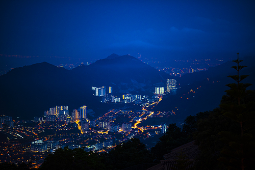 Penang Island & Mainland Penang overview from Penang Hill at Dawn with City lights