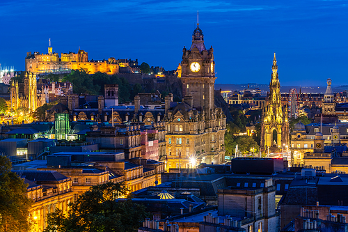 Edinburgh Cityscape from Calton Hill sunset dusk, Edinburgh, Scotland UK