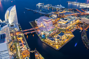 Aerial view of panoramic modern city in Yokohama City Japan with blue hour after sunset in th evening. Yokohama is the second largest city in Japan by population.