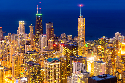 Sunset aerial view of Chicago Skylines building and Lake Michigan at Chicago downtown in Chicago City Illinois USA.