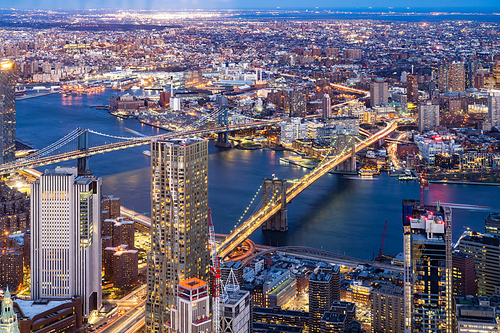 Aerial view of Brooklyn bridge and Manhattan bridge with Brooklyn cityscape skyscrapers bulding from Lower Manhattan in  New York City  New York State NY , USA