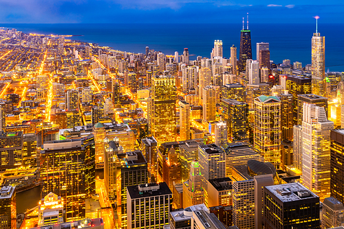 Sunset aerial view of Chicago Skylines building and Lake Michigan at Chicago downtown in Chicago City Illinois USA.