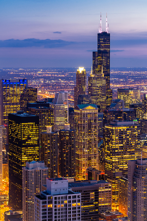 Aerial view of Chicago Skylines building at Chicago downtown in Chicago City Illinois USA. Looking to the south of Chicago.