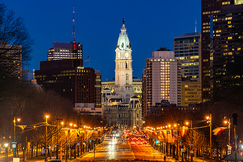 Philladelphia City Hall Clock Tower in Philladelphia, Pennsylvania, USA. Sunset