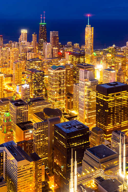 Sunset aerial view of Chicago Skylines building and Lake Michigan at Chicago downtown in Chicago City Illinois USA.