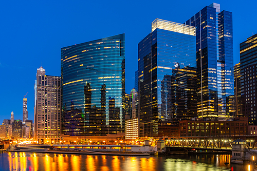 Chicago Skylines building along Chicago River at Chicago Wolf poin in Chicago City Illinois USA. Sunset