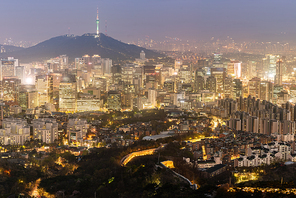 Aerial Sunset and Night view of Seoul Downtown cityscape with Seoul Tower in South Korea