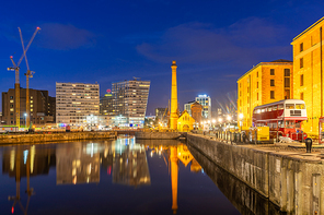 Liverpool Skyline building at Pier head and alber dock at sunset dusk, Liverpool England UK.