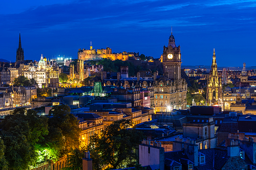 Edinburgh Cityscape from Calton Hill sunset dusk, Edinburgh, Scotland UK