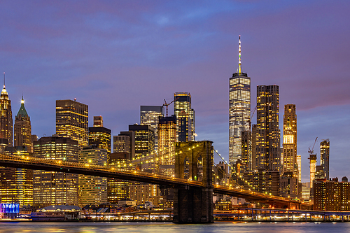 Brooklyn bridge with Lower Manhattan skyscrapers bulding for New York City in New York State NY , USA