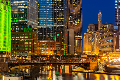 Chicago Skylines building along Chicago River at Chicago Wolf poin in Chicago City Illinois USA. Sunset