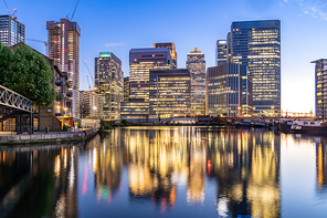 Skylines building at Canary Wharf in London UK sunset twilight