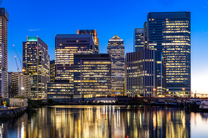 Skylines building at Canary Wharf in London UK sunset twilight