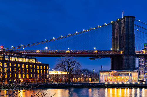 Brooklyn bridge with Lower Manhattan skyscrapers bulding for New York City in New York State NY , USA