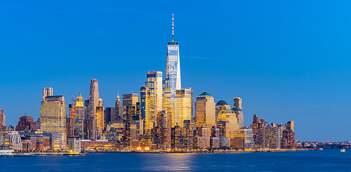 Panorama Aerial view of New York city Manhattan skyline cityscape at dusk from New Jersey.