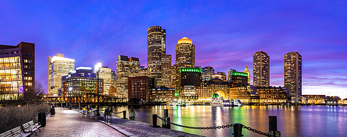 Panorama of Boston Downtown skylines building cityscape sunset at Boston city, MA, USA.