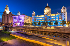 Liverpool Skyline building at Pier head and alber dock at sunset dusk, Liverpool England UK.