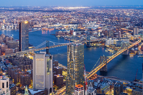 Aerial view of Brooklyn bridge and Manhattan bridge with Brooklyn cityscape skyscrapers bulding from Lower Manhattan in  New York City  New York State NY , USA